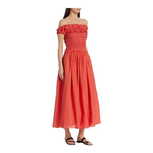SEA Frida Red Ruffled Off-the-Shoulder Midi Dress Size Small - Picture 2 of 12